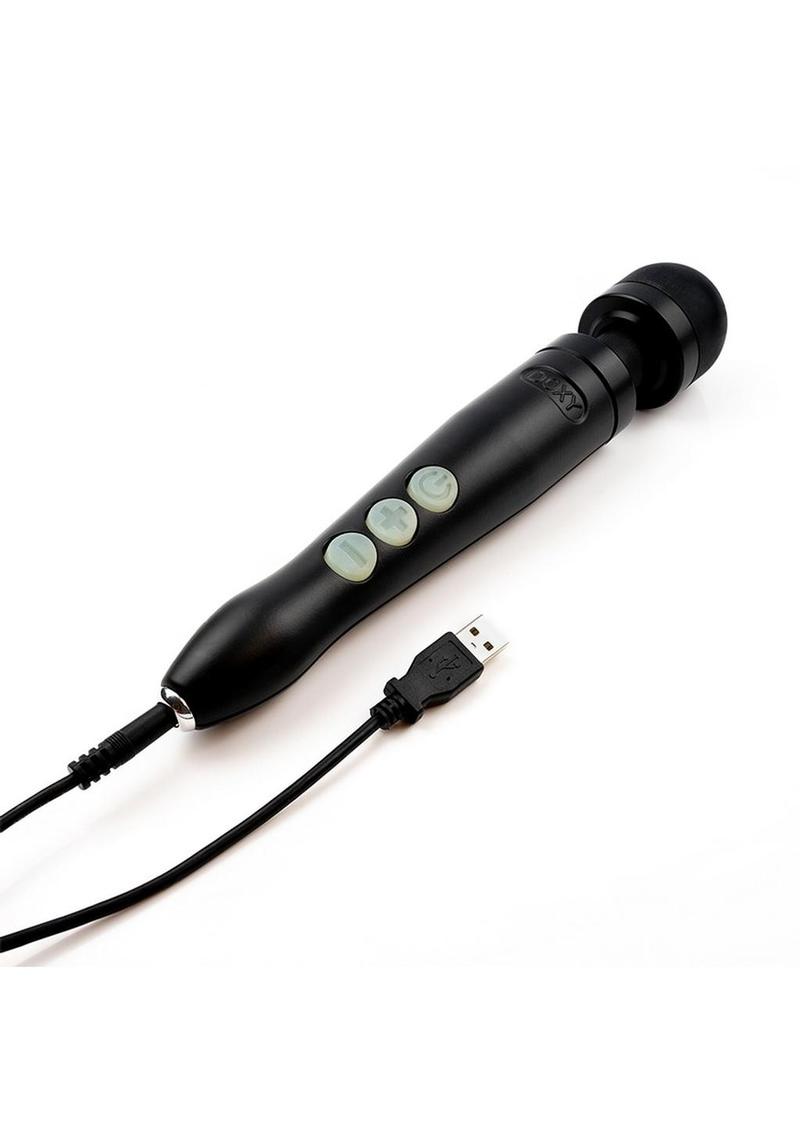 Black wand with black domed head and three large gray buttons with attached back USB charging cord. The unparalleled power makes this one of the best sex toys available.