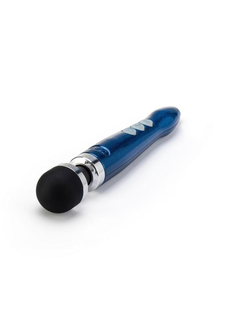Blue wand with black domed head and three large gray buttons. The unparalleled power makes this one of the best sex toys available.