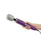 Hand holding purple wand with gray domed head and three gray buttons with black cord. The unparalleled power makes this one of the best sex toys available.