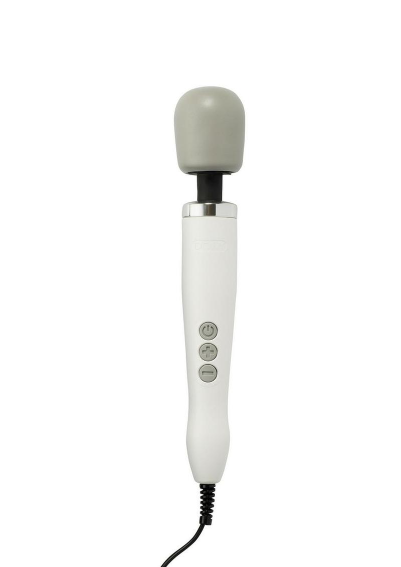 White wand with gray domed head and three gray buttons with black cord. The unparalleled power makes this one of the best sex toys available.