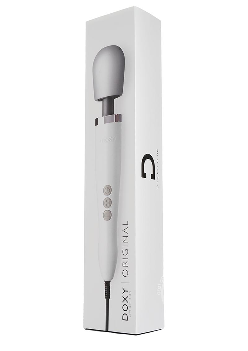 Boxed white wand with gray domed head and three gray buttons with black cord. The unparalleled power makes this one of the best sex toys available.