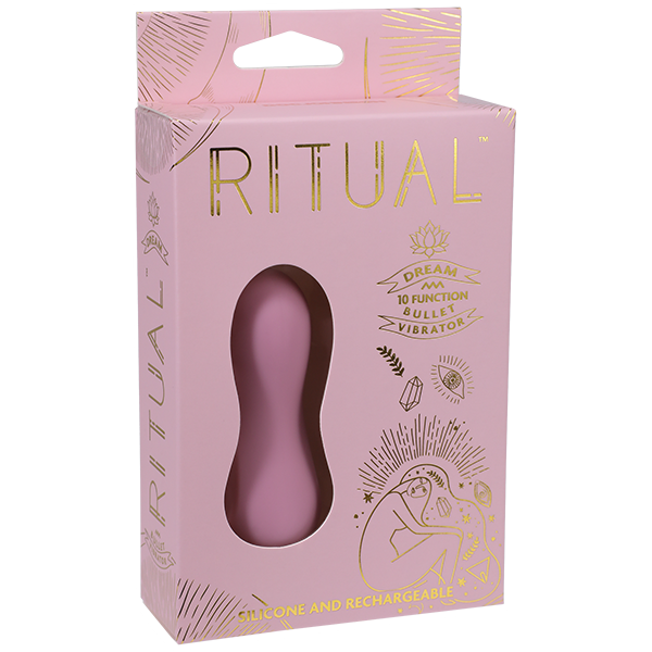Small pale pink bullet vibrator in a pale pink box with gold writing.