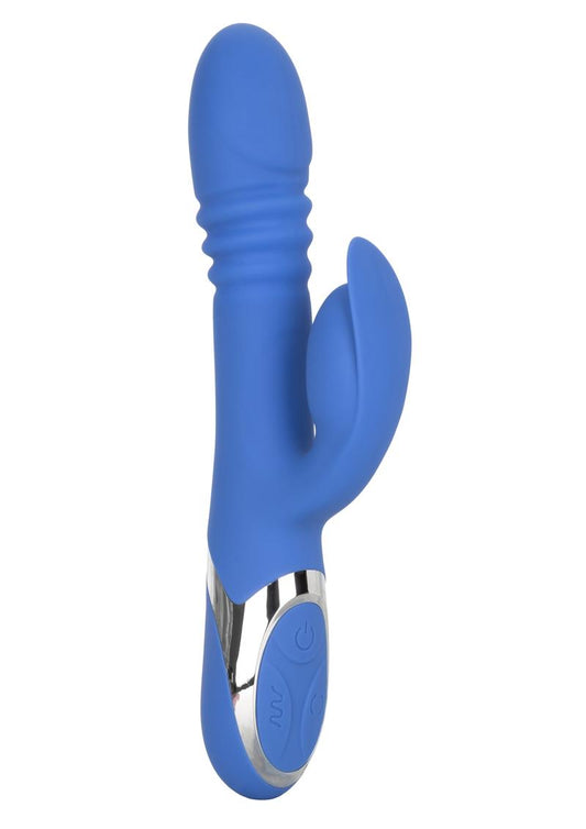 blue violet rabbit vibrator with ribbed section of the shaft for thrusting. External clitoral stimulator and three control buttons at the bottom. One of the best self-love sex toys available.