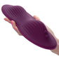 Woman holding a burgundy saddle-like pad with two ribbed humps for grinding. Love yourself with this amazing sex toy.