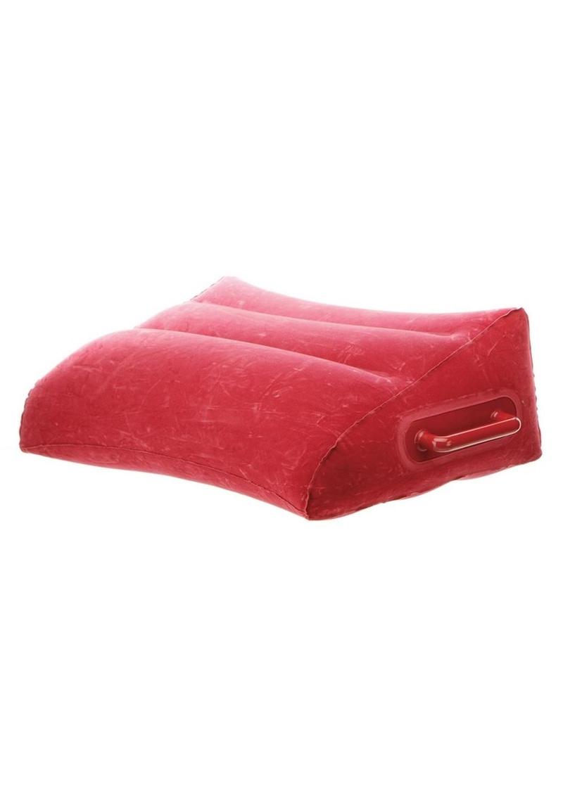 Red wedge shaped pillow with a matching handle on each side. The smooth material has three bumps across the top for stability. Great for sexual health and those with disabilities.