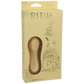 Small pale yellow vibrator with pulsing clitoral stimulator at it's top packaged in pale yellow box with gold writing. Smooth flat spots at the bottom for easy holding.