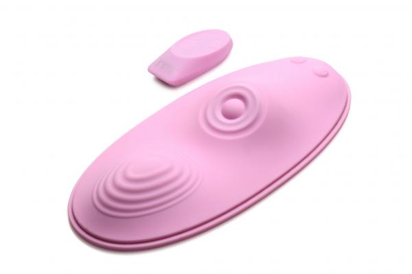 A pink saddle-like pad with two humps for grinding. One mound ribbed and the pulsing clit stimulator on the other mound. Small pink remote to match. Love yourself with this amazing sex toy.