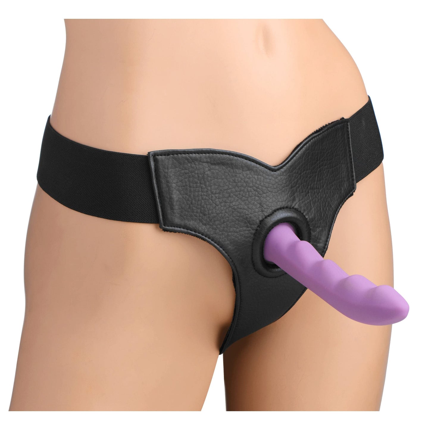 Black stretchy harness with triangular piece at the front with a hole to secure a dildo (not included)