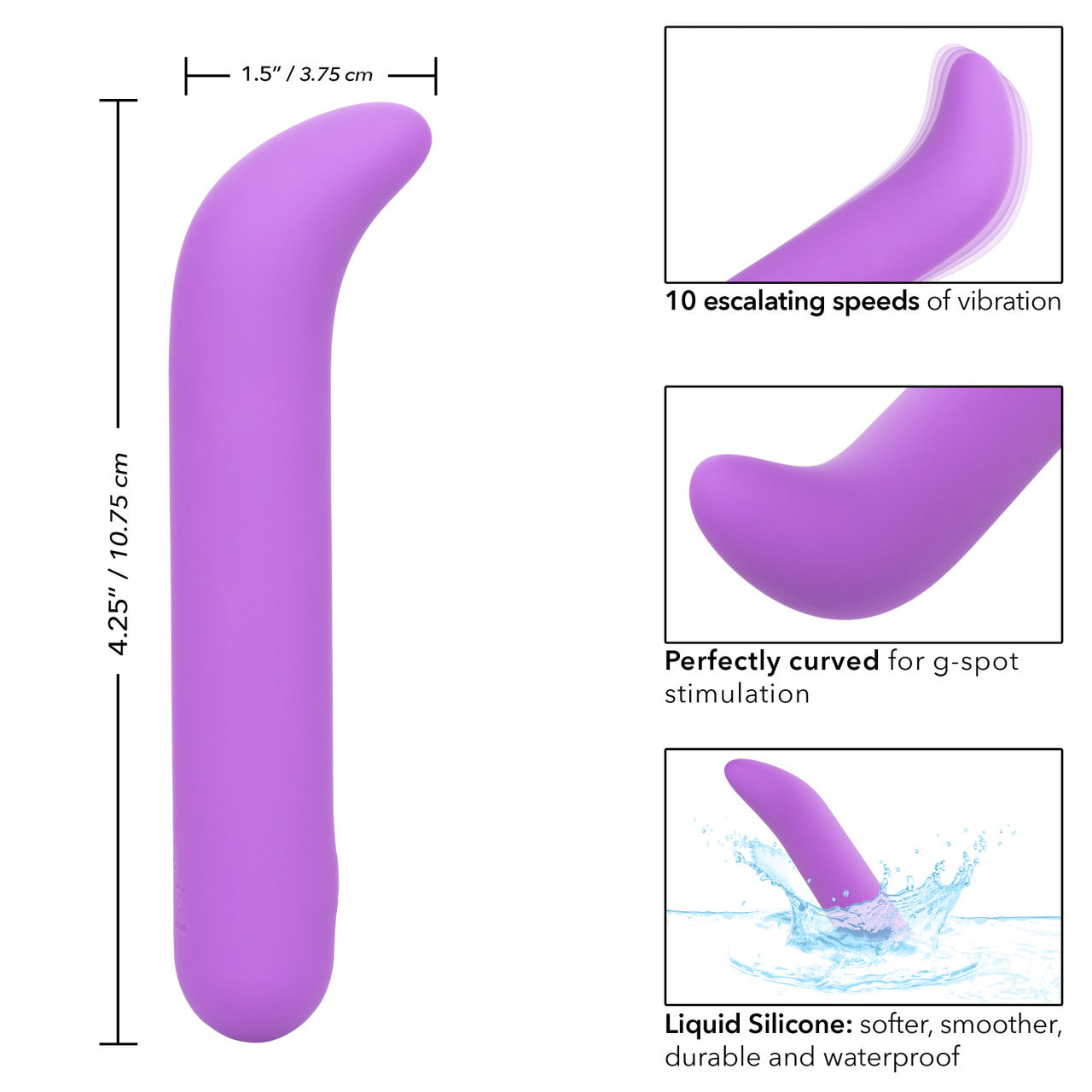 Diagram showing fuscia mini g-spot vibrator dimensions, vibrating and curved tip, and splashing in water.