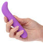 Hand holding fuscia mini vibrator with curved tip for g-spot stimulation and single power control button at the bottom. Great for self-love.