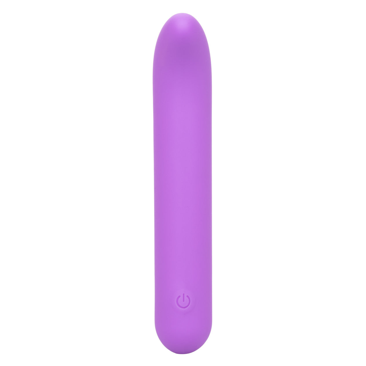 Fuscia mini vibrator with curved tip for g-spot stimulation and single power control button at the bottom. Great for self-love.