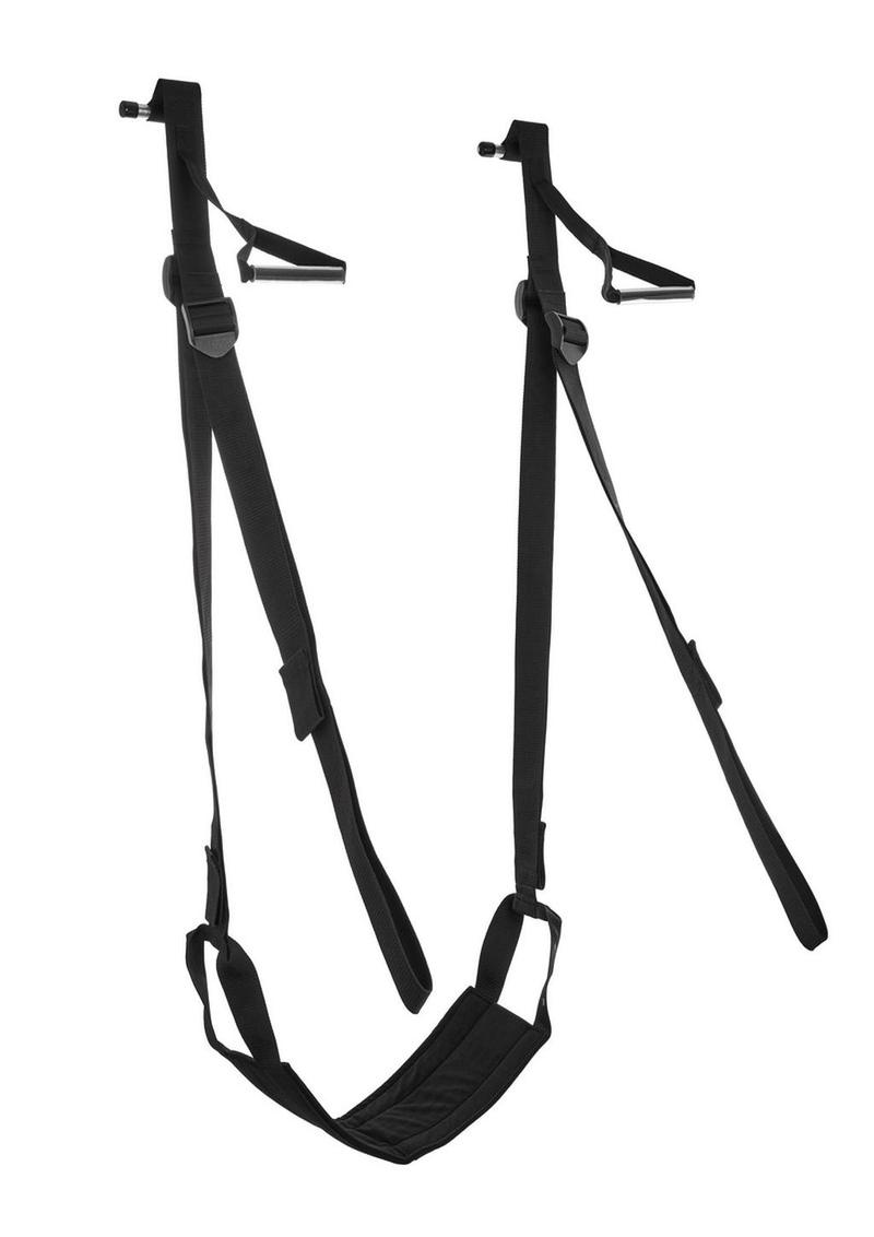 black sling with fabric swing seat with two adjustable straps on each side. Two strap handles on each side and a metal dowel at the top of each side to close into door.  One of the best sex toys for couples, especially those with limited mobility.