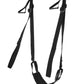 black sling with fabric swing seat with two adjustable straps on each side. Two strap handles on each side and a metal dowel at the top of each side to close into door.  One of the best sex toys for couples, especially those with limited mobility.