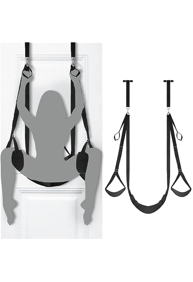 Diagram of sling on closed door. Gray human figure showing bottom in seat, legs in straps, and hands hanging on the handles.