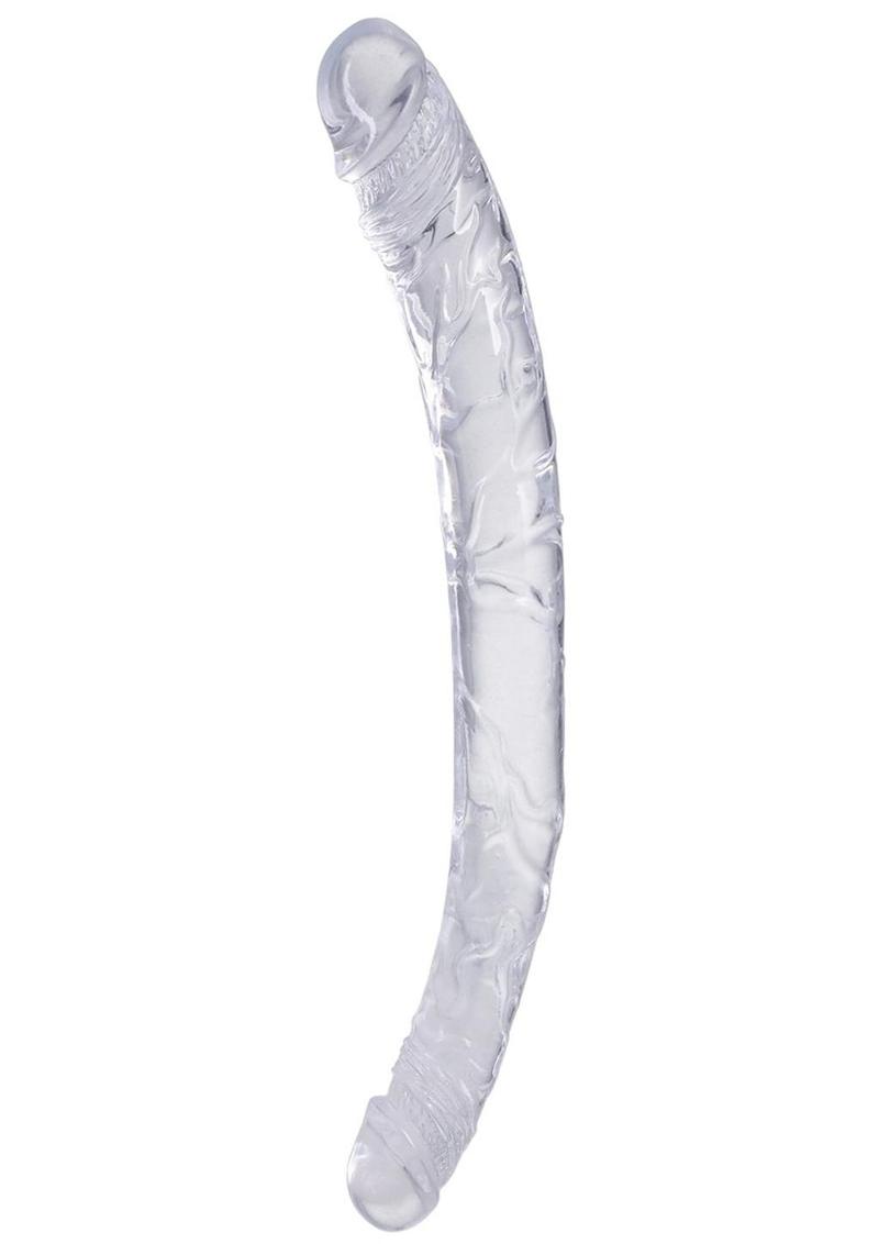 Clear double ended dong with realistic veins and heads on each end. One side is larger than the other for varied self-love or partner play.