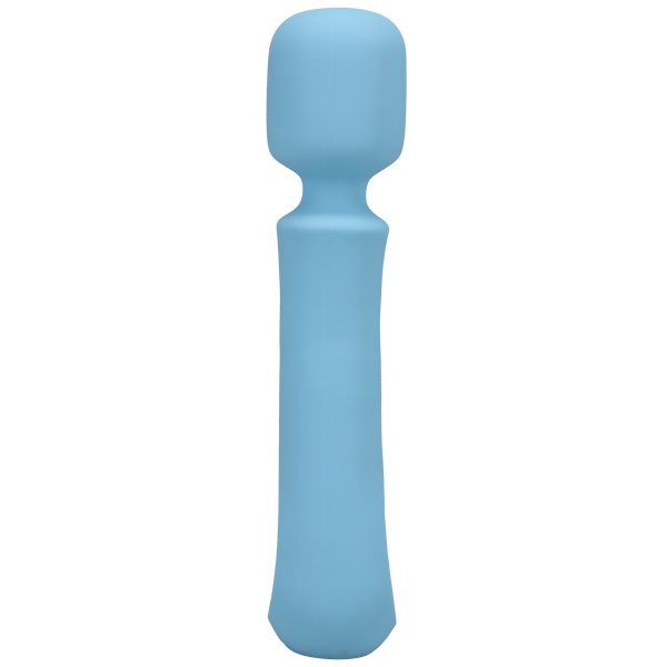 Love yourself with this small pale blue wand vibrator with flexible head and smooth flat surface at the bottom for easy holding.