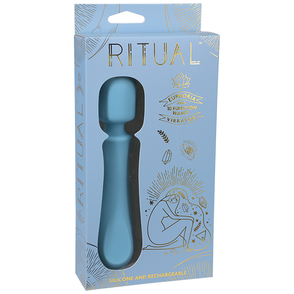 Small pale blue wand vibrator with flexible head and smooth flat surface at the bottom for easy holding. Packaged in pale blue box with gold writing.