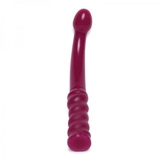 Wine colored dildo with curved body, bulbous head, and ergonomic handle at the base ribbed to hug your fingers.