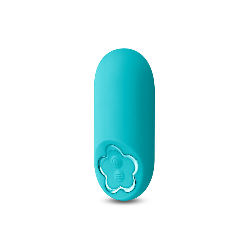 Teal mini vibrator with curve base housing the power and control buttons at the center of a metallic daisy flower outline.