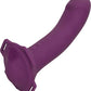Purple dildo with 4 holes for straps and textured top for wearer. Two small buttons at base.