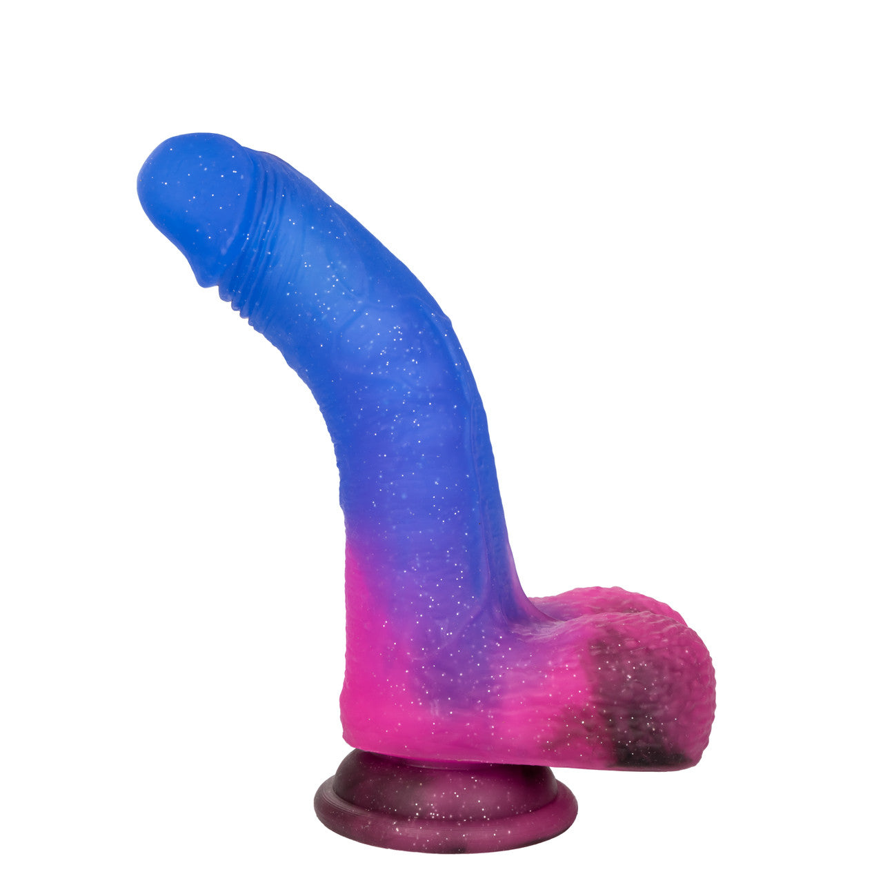 Blue to Pink ombre glitter finish dong with balls and suction cup base. Life-like shaft texture and realistic tip head. Shaft bent upward and holding position.