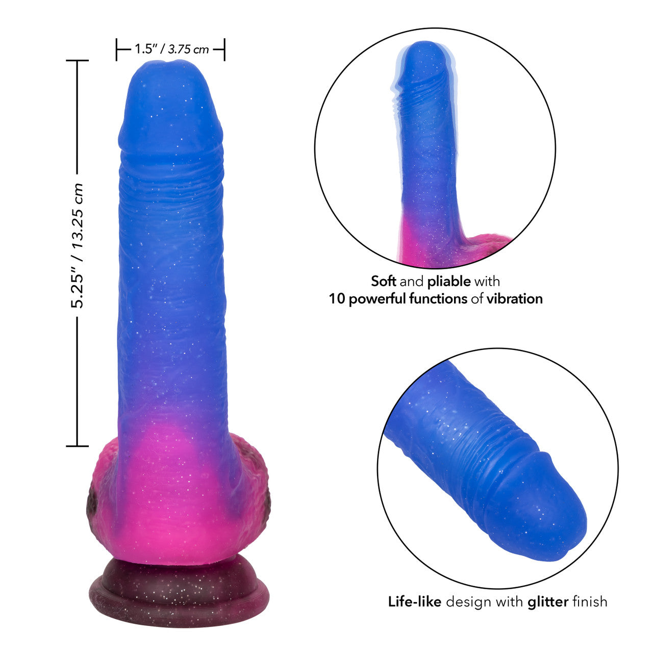 Blue to Pink ombre glitter finish dong with balls and suction cup base. Life-like shaft texture and realistic tip head. Diagram showing dimensions, soft and pliable with 10 powerful functions of vibration. Life-like design with glitter finish.