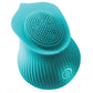 Teal rose shaped vibrator with tiny finger like texture in the center for clitoral stimulation. One illuminated power control button on the front.