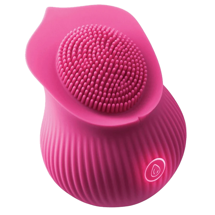 Pink rose shaped vibrator with tiny finger like texture in the center for clitoral stimulation. One illuminated power control button on the front.
