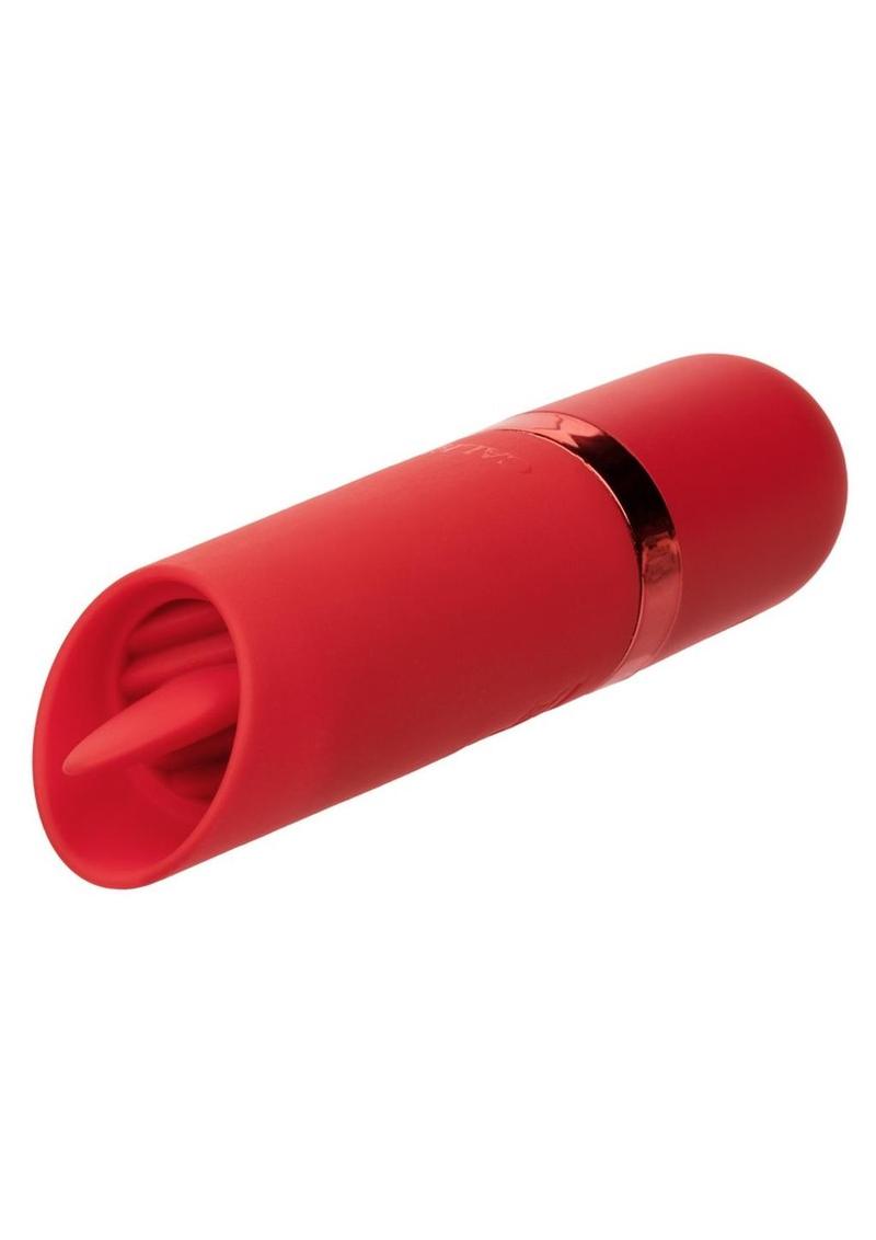 love yourself with this red lipstick-sized vibrator with small flappy tongue clitoral stimulator at the top