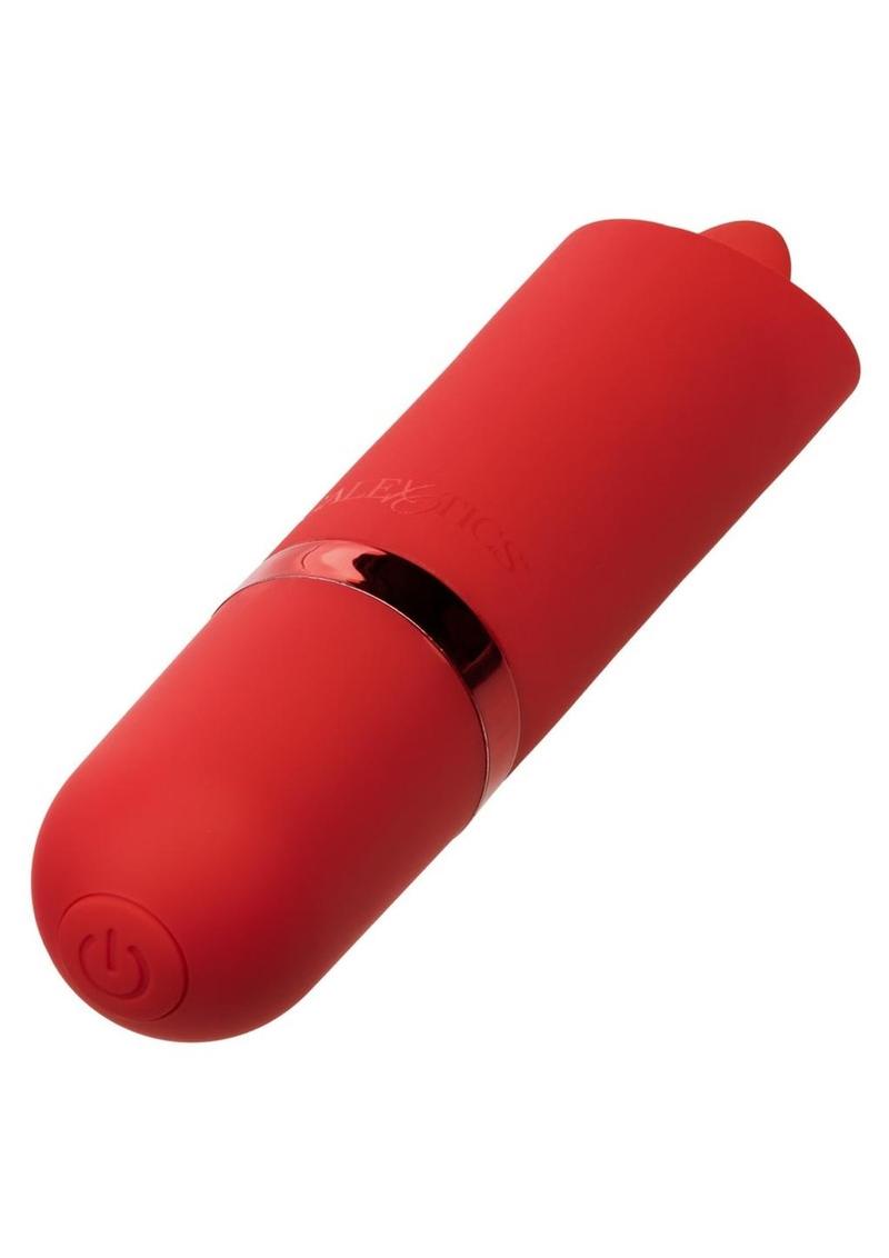 red lipstick-sized vibrator with power button at the bottom.