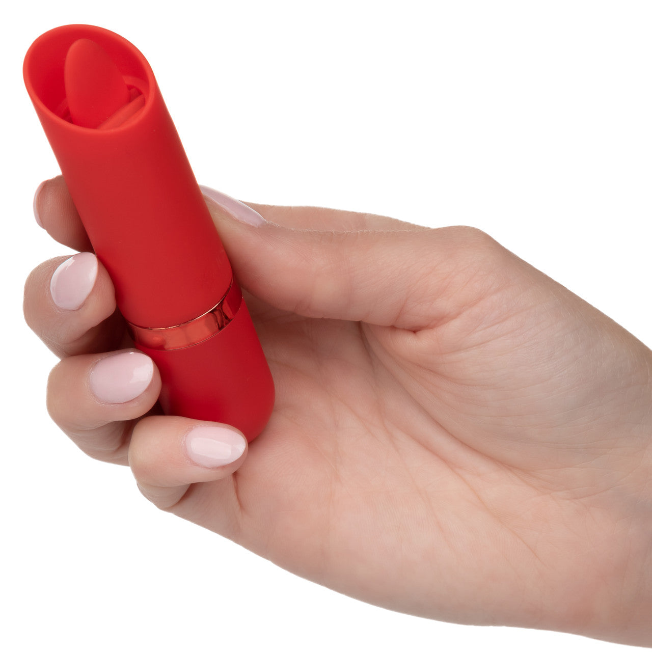 hand holding red lipstick-sized vibrator with small flappy tongue clitoral stimulator at the top