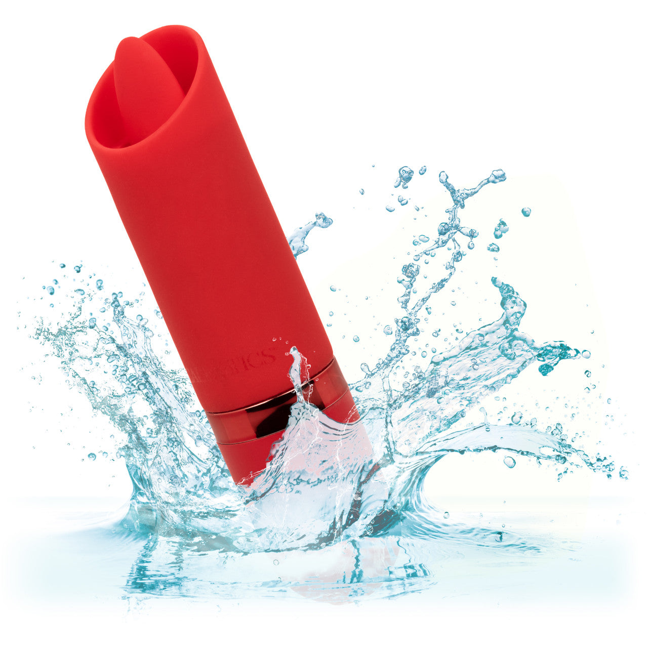 red lipstick-sized vibrator with small flappy tongue clitoral stimulator at the top splashing in water