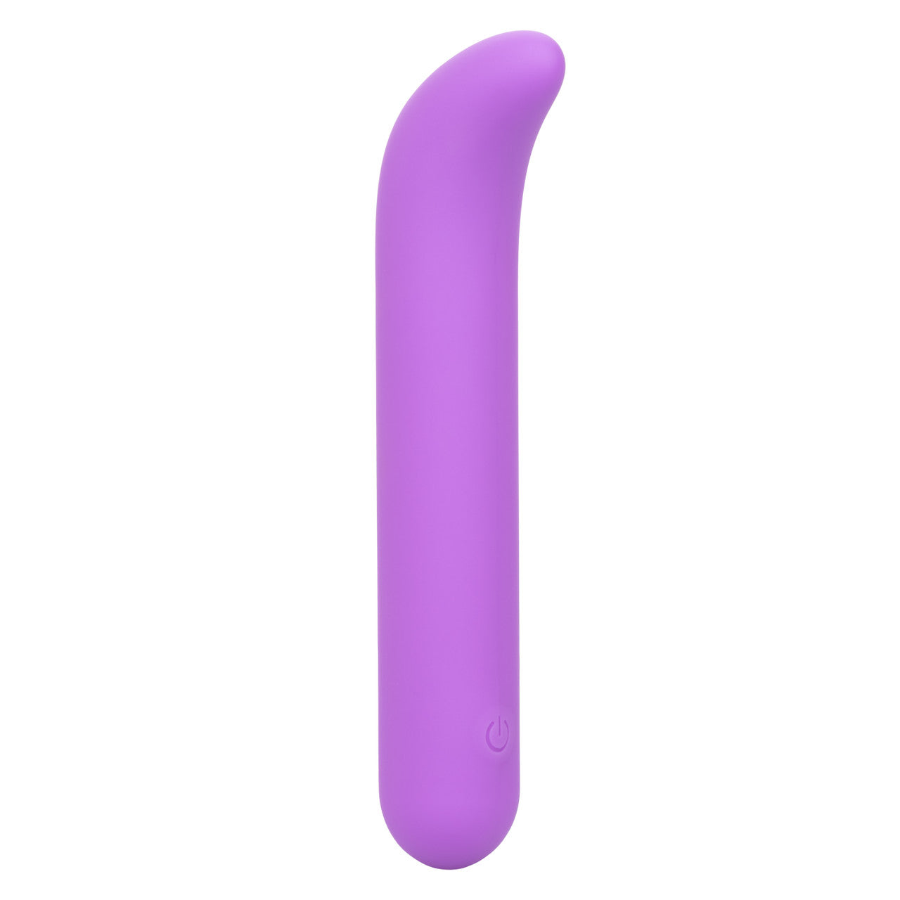  Fuscia mini vibrator with curved tip for g-spot stimulation and single power control button at the bottom. Great for self-love.