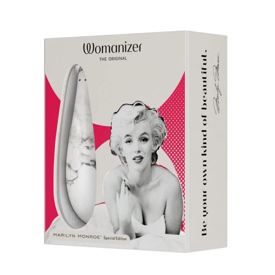 white marble clitoral stimulator in white and red box with Marilyn Monroe pictured.