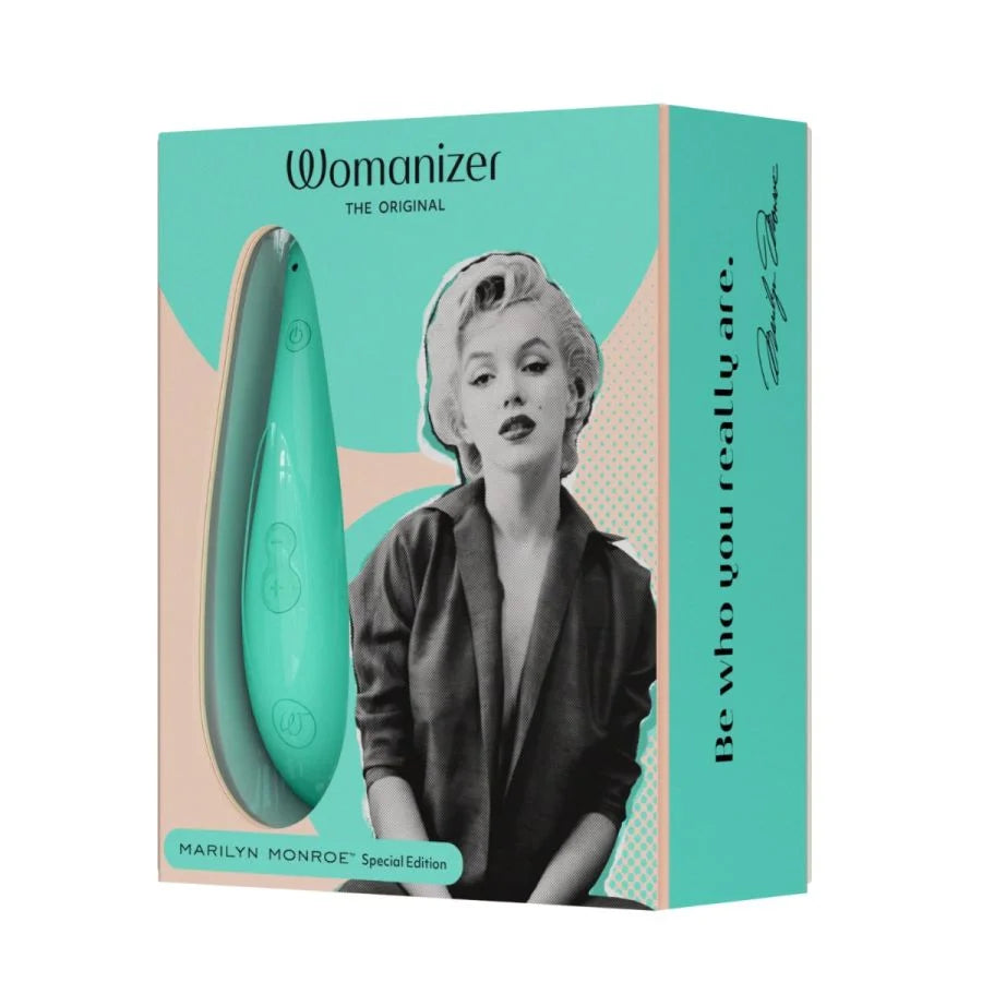 mint clitoral stimulator in beige and mint box with Marilyn Monroe pictured.