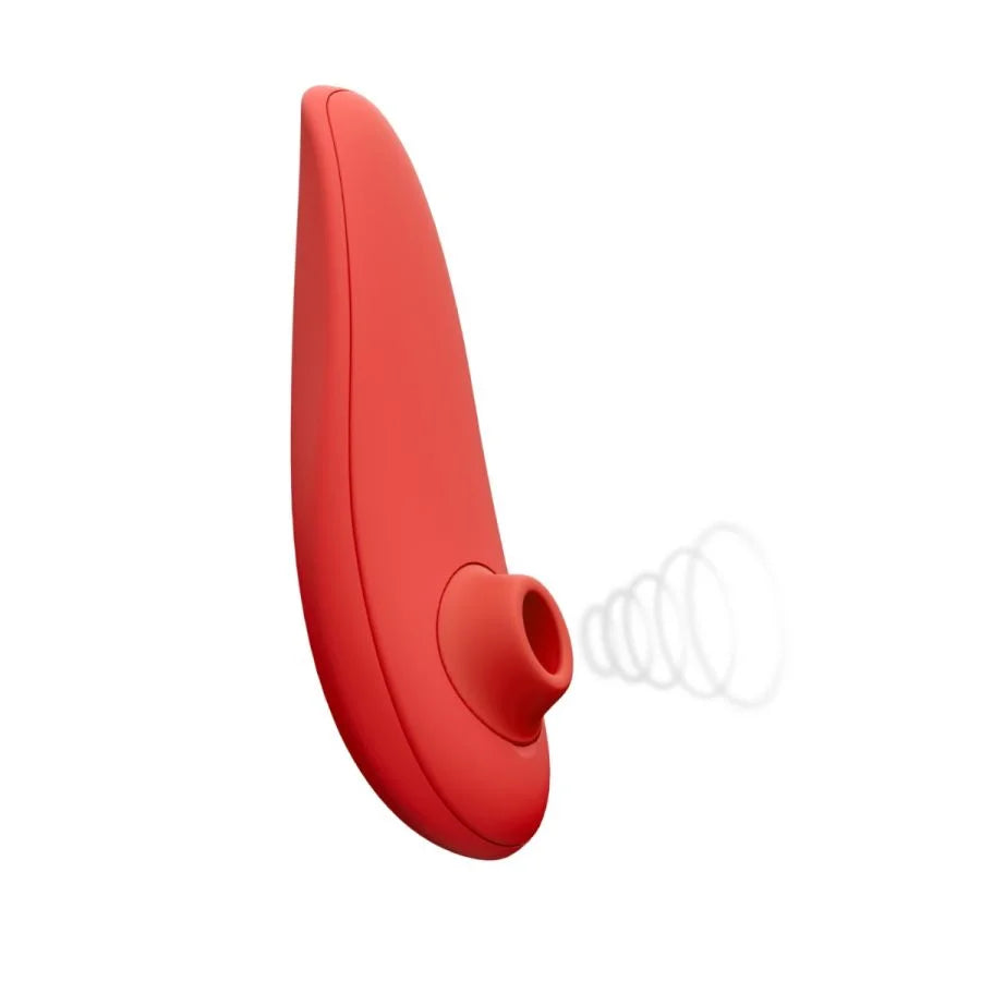 red marble clitoral stimulator with oval shaped opening with sonic waves radiating out.