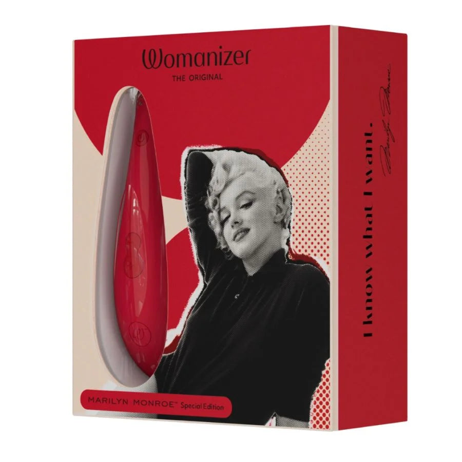 red clitoral stimulator in beige and red box with Marilyn Monroe pictured.