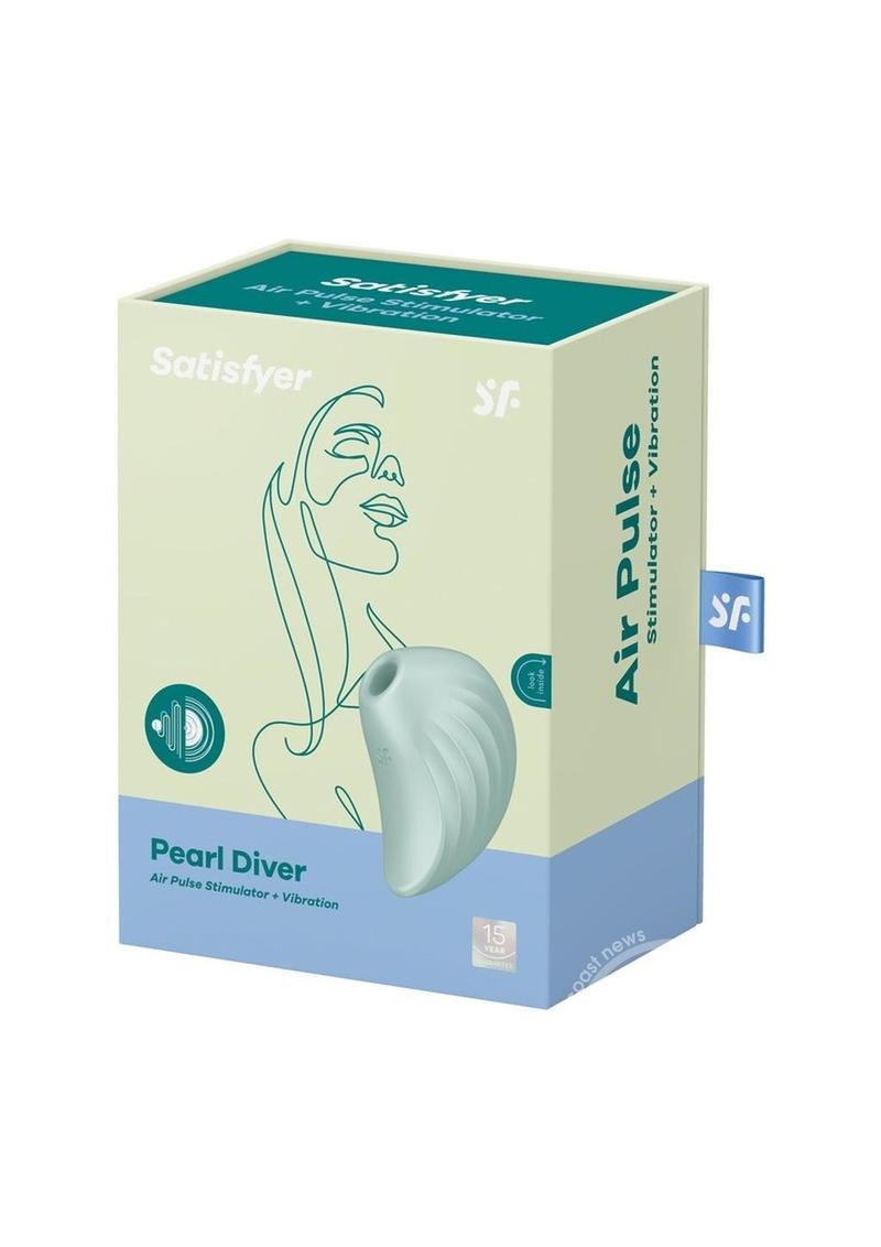 Pale green smooth silicone vibrator with clitoral stimulator at top and ribbed sides for easy handling. Packaged in a pale green and blue box with a line drawing of a woman's face.