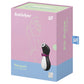 Penguin looking clitoral stimulator. Black and white design with open mouth at top and purple bowtie on the neck.  Product packaging is pale pink and blue with a line drawing of a woman. 