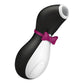 Penguin looking clitoral stimulator. Black and white design with open mouth at top and purple bowtie on the neck. 