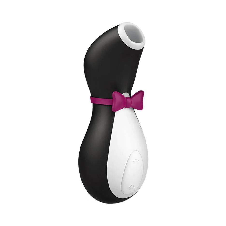 Penguin looking clitoral stimulator. Black and white design with open mouth at top and purple bowtie on the neck. 