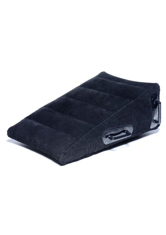 Black wedge shaped pillow with matching handles on each side, one vertical and one horizontal. The smooth material has five bumps across the top for stability. Great for sexual health and those with disabilities.