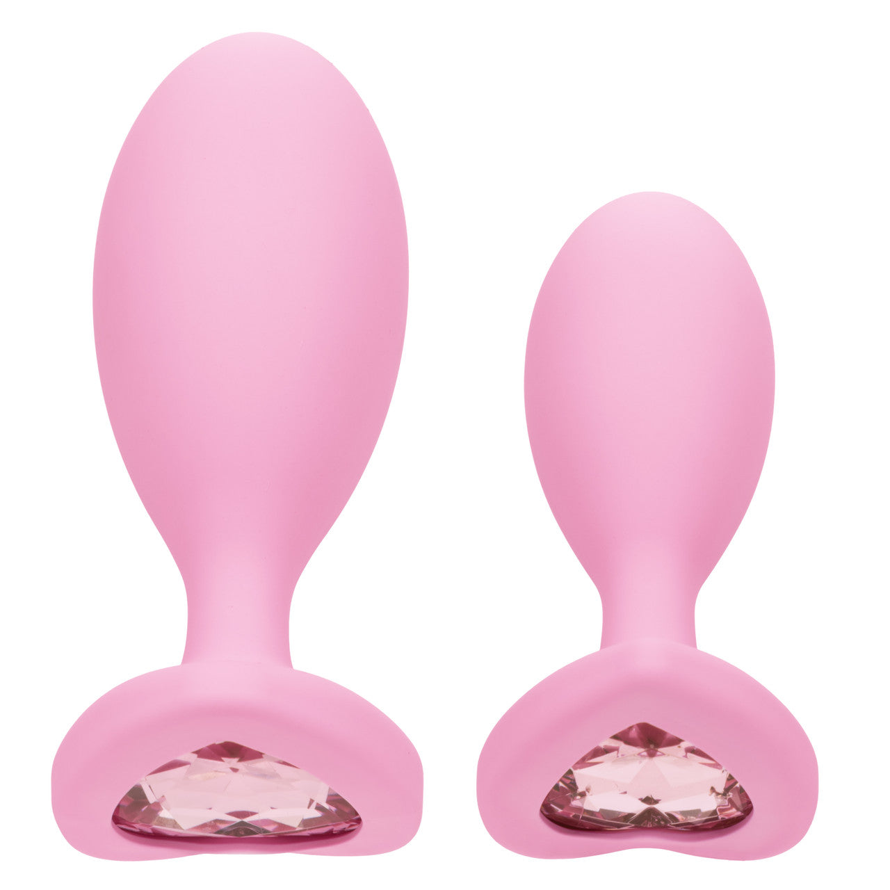 Pink egg shaped anal plugs in two sizes with a heart shaped gem at base.