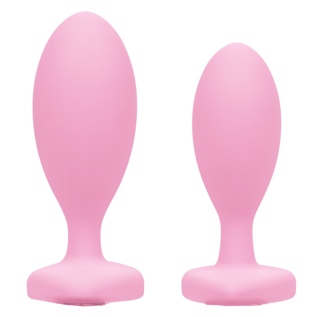 Pink egg shaped anal plugs in two sizes with flanged base.