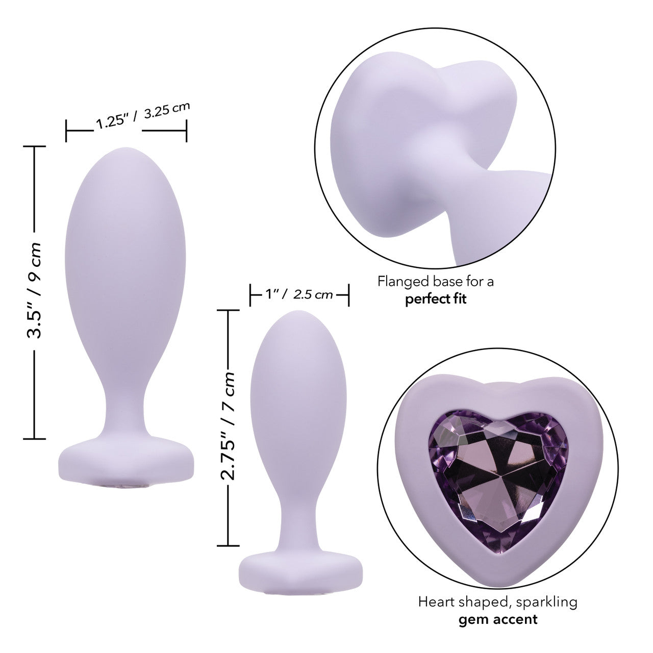 diagram showing dimensions and close ups of the heart shaped gem and flanged base.