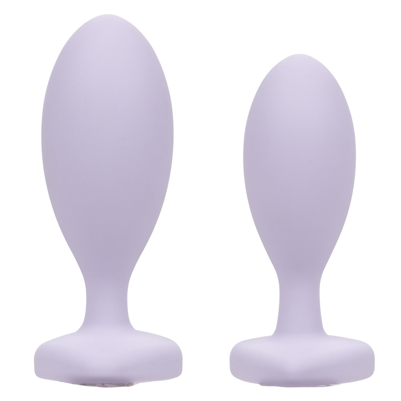 Pale purple egg shaped anal plugs in two sizes with flanged base.