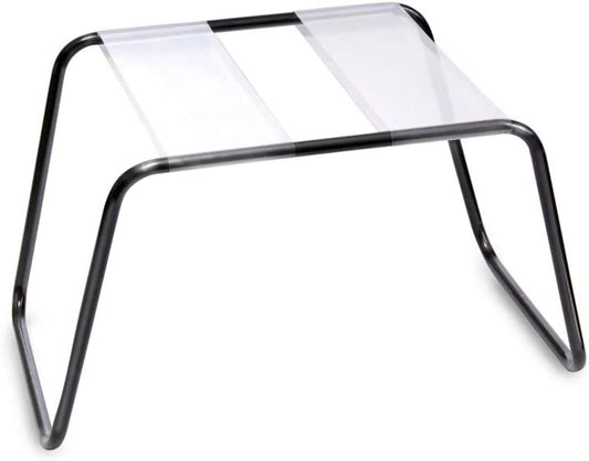 black framed stool with two white straps along the top to sit on with an opening between them for penetration. One of the best sex toys for couples.