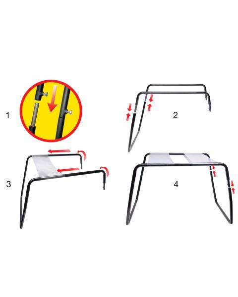 black framed stool with two white straps along the top to sit on with an opening between them for penetration. Diagram shows the simple 4 step assembly instructions. One of the best sex toys for couples.