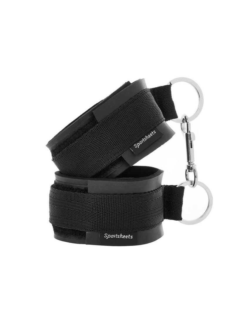 Black cuffs with a soft inner padding and velcro closures. Great for couples exploring new dimensions of sexual fantasies and with disabilities in mind.