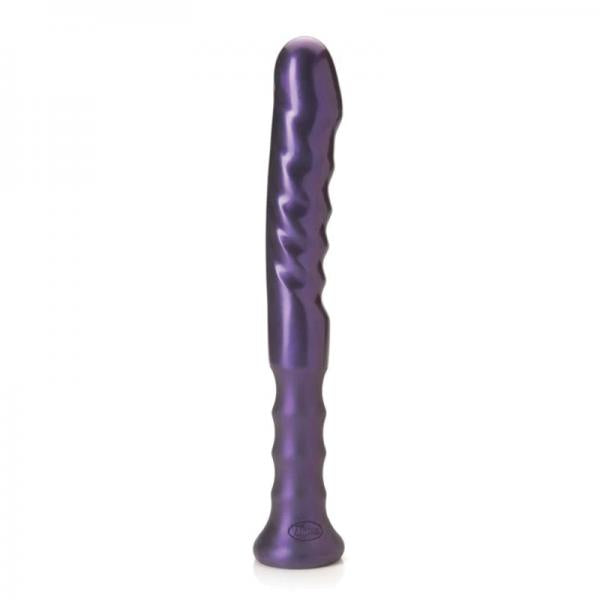 Dark purple dildo with ribbed body and ergonomic handle at the base ribbed to hug your fingers.